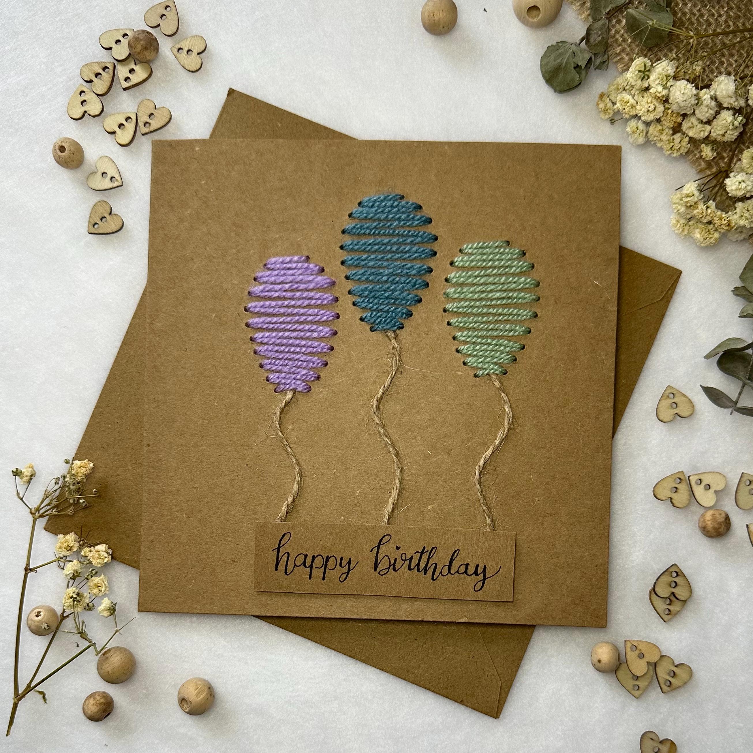 Yarn Embroidered Birthday Card: Handmade Kraft Balloons - Etsy UK