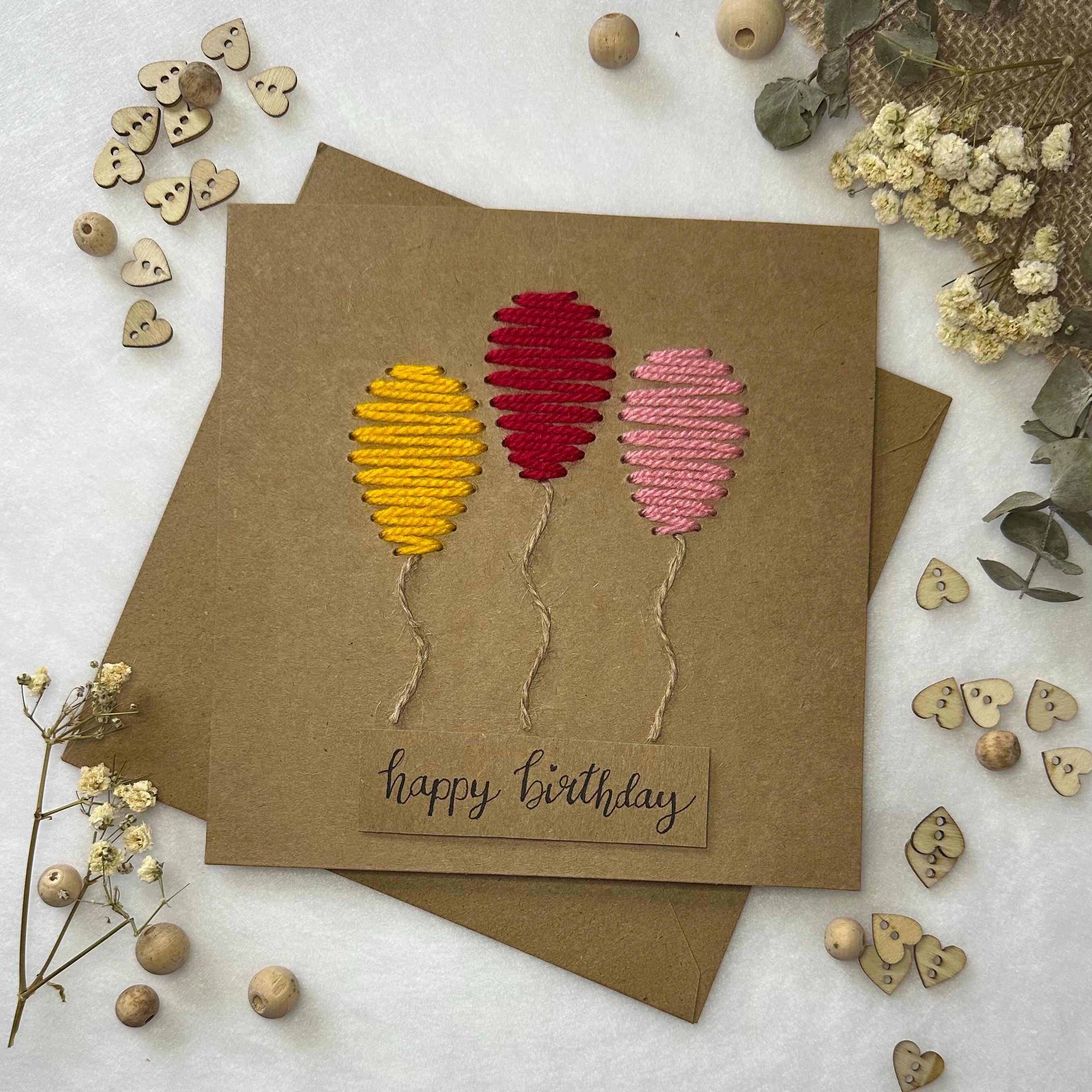Yarn Embroidered Birthday Card: Handmade Kraft Balloons - Etsy UK