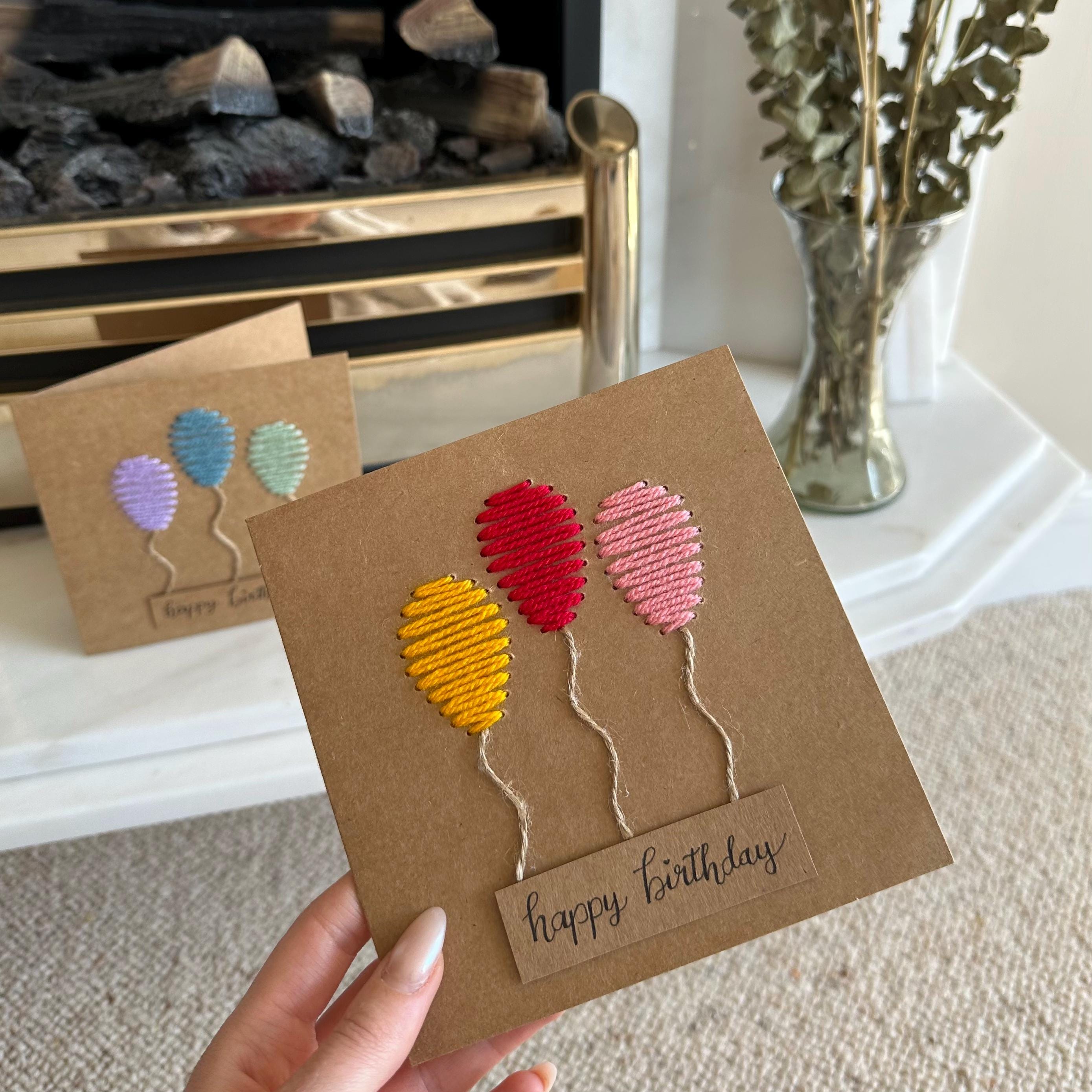 Yarn Embroidered Birthday Card: Handmade Kraft Balloons - Etsy UK