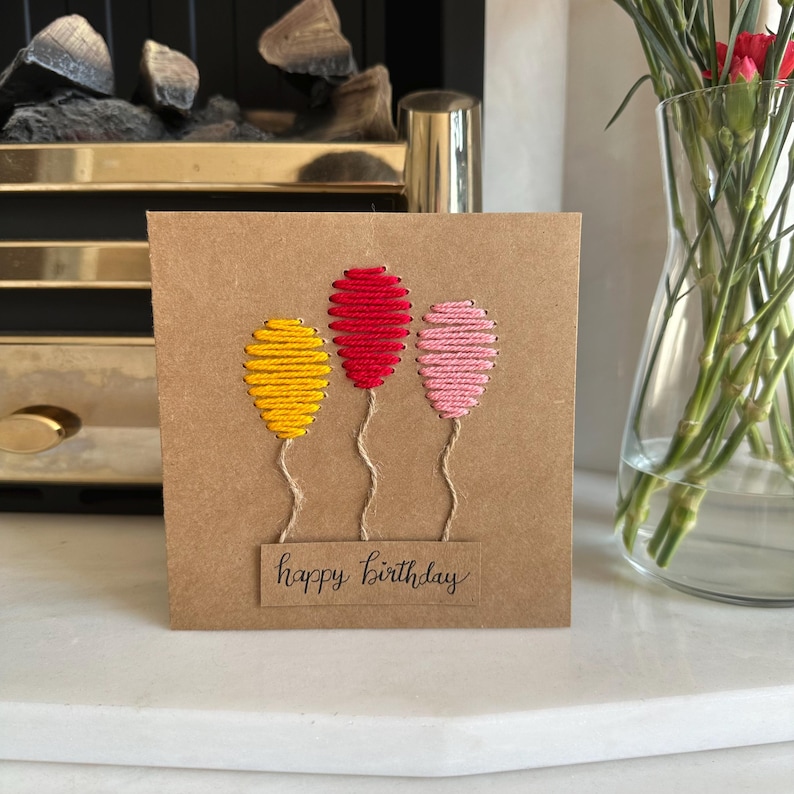 Yarn Embroidered Birthday Card: Handmade Kraft Balloons - Etsy UK