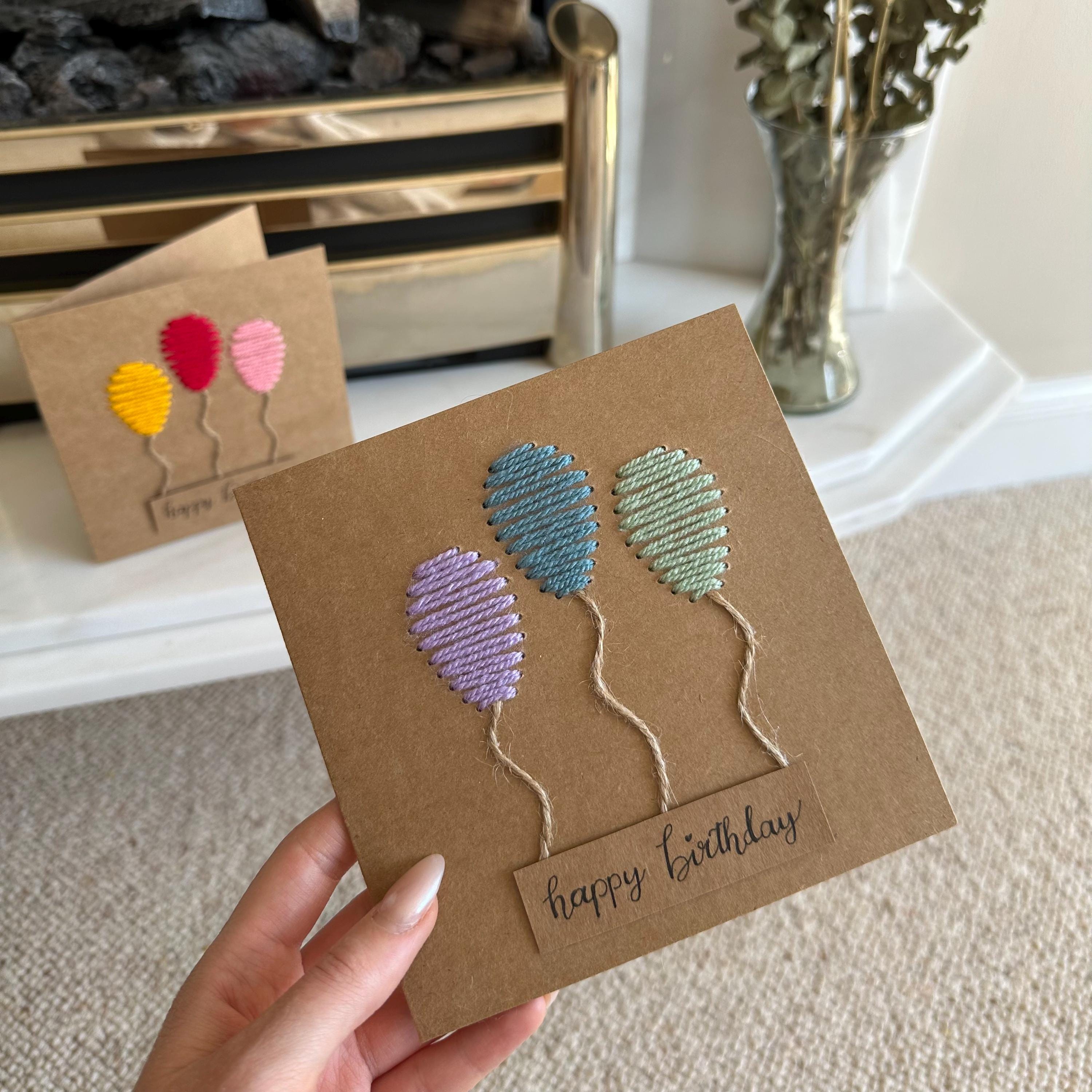 Yarn Embroidered Birthday Card: Handmade Kraft Balloons - Etsy UK