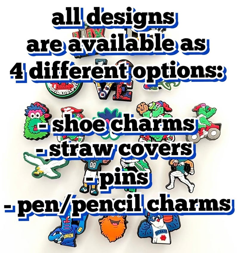 Puede incluir: Imagen que muestra varios dise&ntilde;os disponibles como dijes para zapatos, cubiertas para pajitas, pines y dijes para bol&iacute;grafos/l&aacute;pices. El texto en la imagen dice: "todos los dise&ntilde;os est&aacute;n disponibles en 4 opciones diferentes: dijes para zapatos, cubiertas para pajitas, pines, dijes para bol&iacute;grafos/l&aacute;pices."