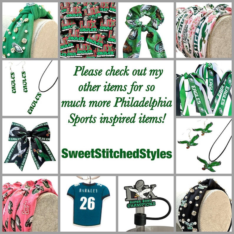 K&ouml;nnte beinhalten: Eine Collage von Accessoires zum Thema Philadelphia Eagles. Die Artikel umfassen Stirnb&auml;nder, Ohrringe, eine Halskette, eine Schleife und einen Schl&uuml;sselanh&auml;nger. Die Accessoires zeigen das Eagles-Logo und die Farben mit dem Text "EAGLES" und "SUPER BOWL CHAMPIONS".