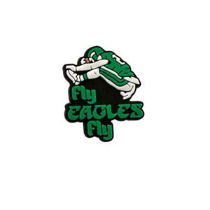 May include: Green and white cartoon football player with the text "Fly Eagles Fly" on a black background.