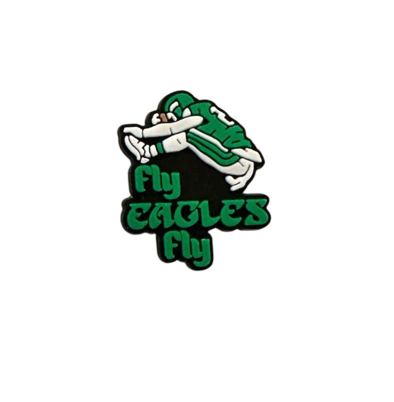 May include: Green and white cartoon football player with the text "Fly Eagles Fly" on a black background.