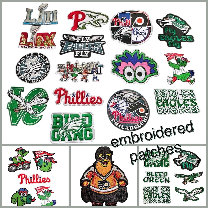 K&ouml;nnte beinhalten: Eine Sammlung gestickter Aufn&auml;her mit Logos und Texten zu den Sportteams von Philadelphia. Die Aufn&auml;her zeigen die Eagles, Phillies und 76ers in verschiedenen Designs und Farben. Die W&ouml;rter "gestickt" und "Aufn&auml;her" sind ebenfalls sichtbar.