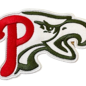 May include: Embroidered patch featuring the Philadelphia Phillies team logo. The design includes a red "P" and a green eagle head on a white background, with a white border. This patch is suitable for jackets, bags, or other fabric items.