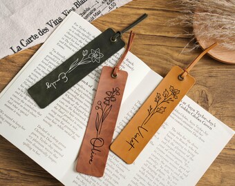 Custom Leather Bookmark, Personalized Birth Month Flower Bookmark, Birthday Gift for Her, Gift for Reader, Book Lovers Gift, Bridesmaid Gift