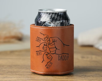 Personalized Engraved Leather Can Cooler, Dad Fist Bump Can Cooler, Fathers Day Gift with Kids Names, Dad Gift from Kids, Men Birthday Gift