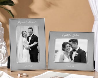 Marco de fotos de boda grabado a medida, marco de fotos plateado personalizado de 5x7 pulgadas, regalo de boda para pareja, regalo de aniversario o regalo para recién casados.