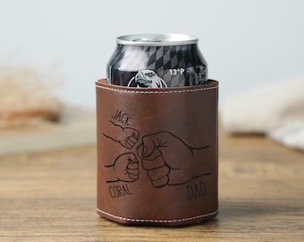 Fathers Day Gift with Kids Names, Dad Fist Bump Leather Can Cooler, Personalized Dad Gift from Kids, Men Birthday Gift, Engraved Can Cooler