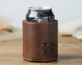 Personalized Groomsmen Can Cooler, Custom Groomsmen Gifts, Groomsmen Proposal, Gifts for Men, Engraved Leather Can Cooler, Beer Can Holder