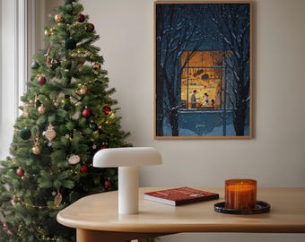 Christmas Poster Cozy Winter Wall Art - Snowy Night Holiday Home Decor (Digital Download)
