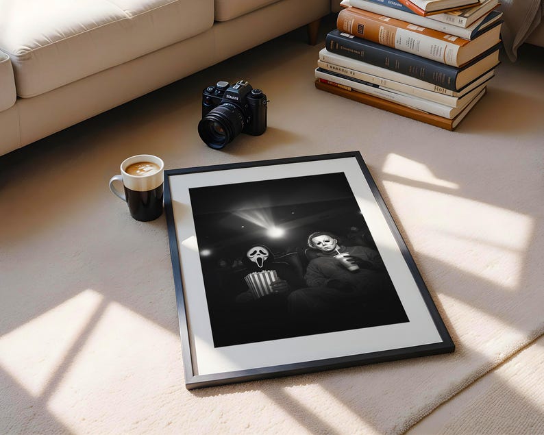 May include: A framed black and white photograph featuring two horror movie characters in a movie theater setting. A black camera, a coffee mug, and a stack of books are also visible.