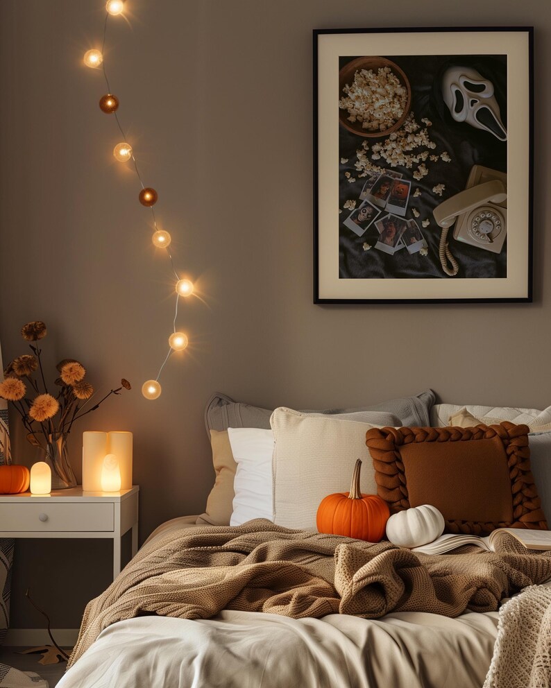 May include: A bedroom scene with a bed featuring a brown knitted blanket and pillows. An orange pumpkin and a white pumpkin are on the bed. A framed picture with popcorn and a Scream mask hangs on the wall. String lights provide a warm glow.