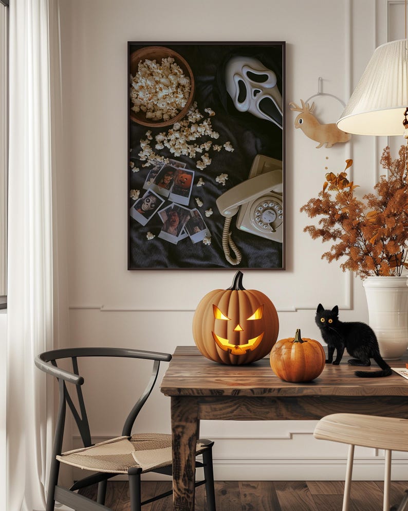 May include: A Halloween still life with a carved pumpkin, a smaller pumpkin, and a black cat on a wooden table. A framed picture on the wall shows popcorn, a Scream mask, and vintage photos. The scene evokes a spooky atmosphere.