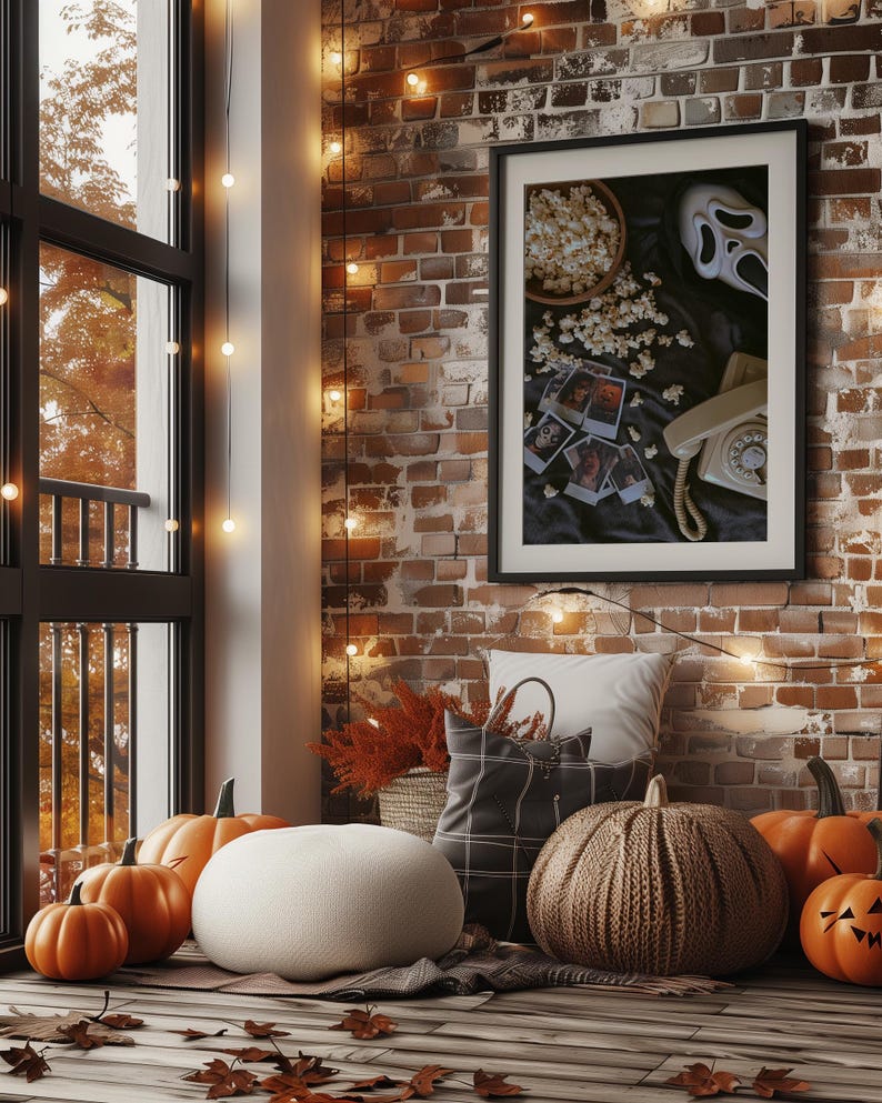 May include: A Halloween-themed room with pumpkins, a woven pumpkin, and a framed picture featuring popcorn and a Scream mask. String lights and autumn leaves add to the autumnal ambiance. A white pouf and decorative cushions complete the scene.