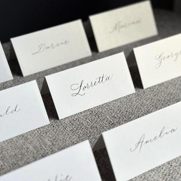 Handwritten Wedding Place Cards | Luxury Calligraphy Tent Name Card | Gold or Black Ink | Pearly Shimmer White Card | Event Table Setting