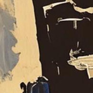 K&ouml;nnte beinhalten: Abstrakte Malerei mit kr&auml;ftigen schwarzen Formen und Linien auf beigefarbenem Hintergrund. Das Gem&auml;lde hat eine strukturierte Oberfl&auml;che und einen blauen und wei&szlig;en Abschnitt in der linken unteren Ecke.
