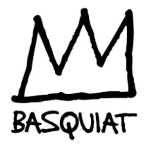 K&ouml;nnte beinhalten: Schwarz-wei&szlig;-Illustration einer Krone mit dem Wort "BASQUIAT" darunter.