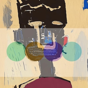 K&ouml;nnte beinhalten: Abstrakte Malerei einer Person mit schwarzem Gesicht, braunen und goldenen Z&auml;hnen und einem violetten und blauen Auge. Der Hintergrund ist hellgelb mit gr&uuml;nen, blauen und roten Kreisen.
