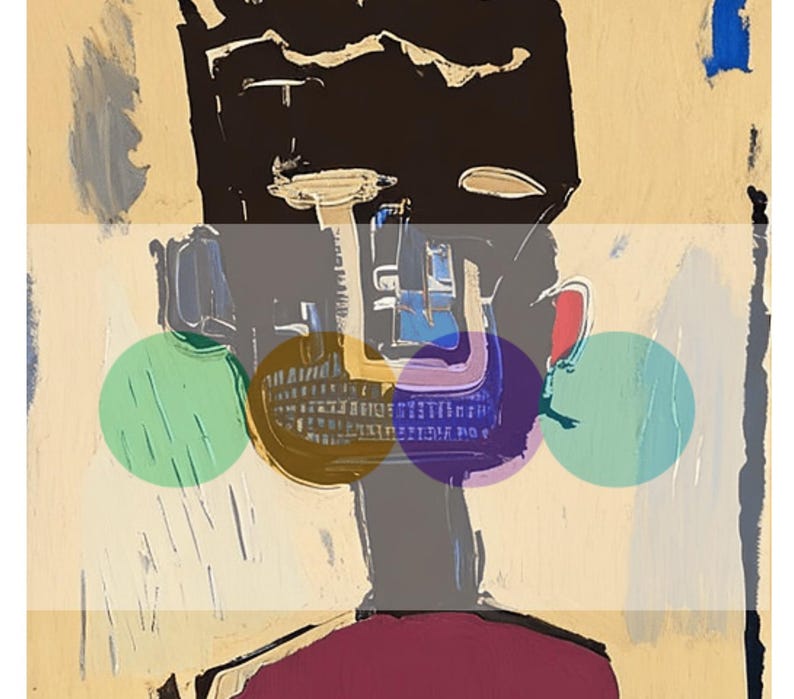 K&ouml;nnte beinhalten: Abstrakte Malerei einer Person mit schwarzem Gesicht, braunen und goldenen Z&auml;hnen und einem violetten und blauen Auge. Der Hintergrund ist hellgelb mit gr&uuml;nen, blauen und roten Kreisen.