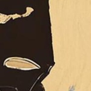K&ouml;nnte beinhalten: Eine Schwarzwei&szlig;illustration eines Sch&auml;dels, der eine schwarze Maske mit einem roten und wei&szlig;en Herzen am Kinn tr&auml;gt. Der Sch&auml;del tr&auml;gt einen schwarz-wei&szlig; gestreiften Hut.