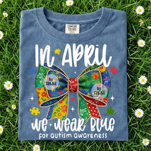 Patchwork In April We Wear Blue Png, Coquette Bow Autism Awareness Quote Design Digital Download