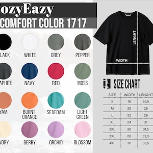 Puede incluir: Imagen de una camiseta negra con una tabla de tallas y muestras de color. Las opciones de color incluyen negro, blanco, gris, pimienta, grafito, azul marino, rojo, musgo, &ntilde;ame, naranja quemado, espuma de mar, verde claro, marfil, baya, orqu&iacute;dea y flor.