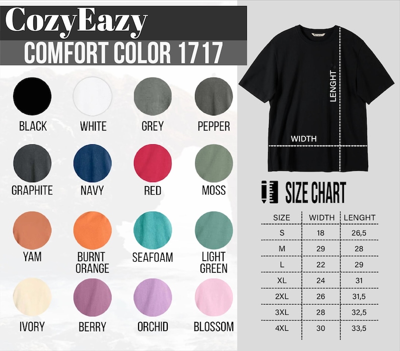 Puede incluir: Imagen de una camiseta negra con una tabla de tallas y muestras de color. Las opciones de color incluyen negro, blanco, gris, pimienta, grafito, azul marino, rojo, musgo, &ntilde;ame, naranja quemado, espuma de mar, verde claro, marfil, baya, orqu&iacute;dea y flor.