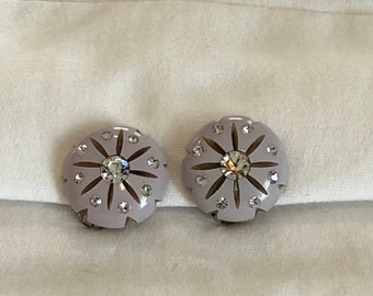 Magnificent Vintage Clip On Earrings Light Purple Enamel w Sparkly Rhinestones