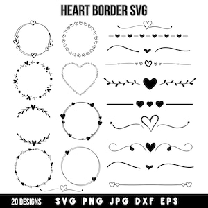 Herz Rahmen SVG Bundle, Herz Text Schmuck, Herz Schmuck, Herz Kranz Schmuck, Hochzeit Teiler SVG, Herz Rahmen Png, Sofort Download, Silhouette