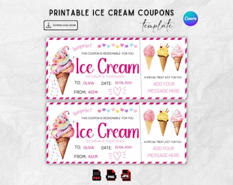 Editable Ice Cream Ticket Template, Ice Cream Gift Coupon, Printable Ice Cream Party Template, Ice Cream Birthday Ticket, Canva Template
