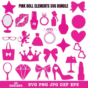 Pink Doll Icon Svg Bundle, Pink Doll Icon Clipart, Princess Babe Svg, Pink Girly Graphics, Party Doll, High Heels, Instant Download