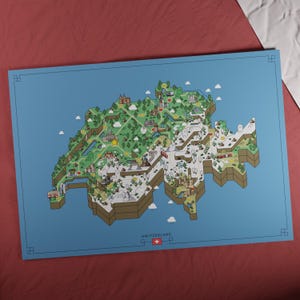 Carte de la Suisse | Style aventure rétro | Carte au design unique avec une esthétique inspirée du jeu nostalgique.
