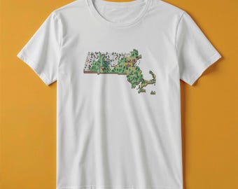 Camiseta con el mapa de Massachusetts / Estilo de juego de aventuras retro