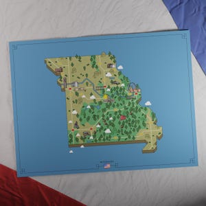 Etats-Unis : carte du Missouri | Style aventure rétro | Carte au design unique avec une esthétique inspirée du jeu nostalgique.
