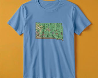 Camiseta con el mapa de Dakota del Sur / Estilo de juego de aventuras retro