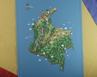 Mapa de Colombia impreso / Estilo de juego de aventuras retro