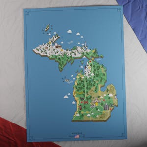 Etats-Unis : carte du Michigan | Style aventure rétro | Carte au design unique avec une esthétique inspirée du jeu nostalgique.