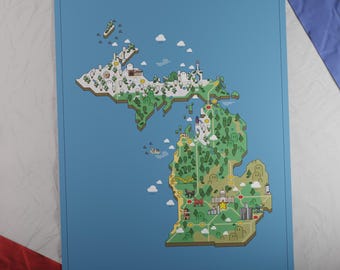 EE. UU.: Mapa de Michigan impreso / Estilo de juego de aventuras retro