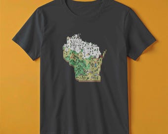 Camiseta con el mapa de Wisconsin / Estilo de juego de aventuras retro