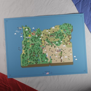 Etats-Unis : carte de l'état de l'Oregon | Style aventure rétro | Carte au design unique avec une esthétique inspirée du jeu nostalgique.