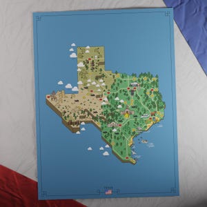 Etats-Unis : carte du Texas | Style aventure rétro | Carte au design unique avec une esthétique inspirée du jeu nostalgique.