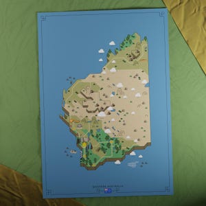 Australie : carte de l'Australie-Occidentale | Style aventure rétro | Carte au design unique avec une esthétique inspirée du jeu nostalgique.