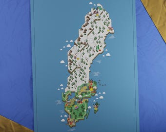 Mapa de Suecia impreso / Estilo de juego de aventuras retro