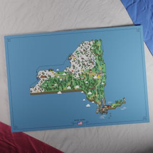 États-Unis : carte de l'État de New York | Style aventure rétro | Carte au design unique avec une esthétique inspirée du jeu nostalgique.