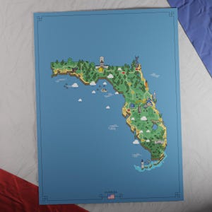 VS: kaart Florida | Retro avonturenstijl | Uniek ontworpen kaart met een nostalgische, op games geïnspireerde esthetiek.