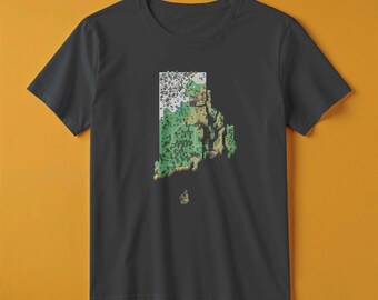 Camiseta con el mapa de Rhode Island / Estilo de juego de aventuras retro