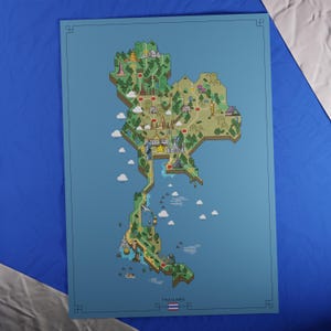 Carte de la Thaïlande | Style aventure rétro | Carte au design unique avec une esthétique inspirée du jeu nostalgique.